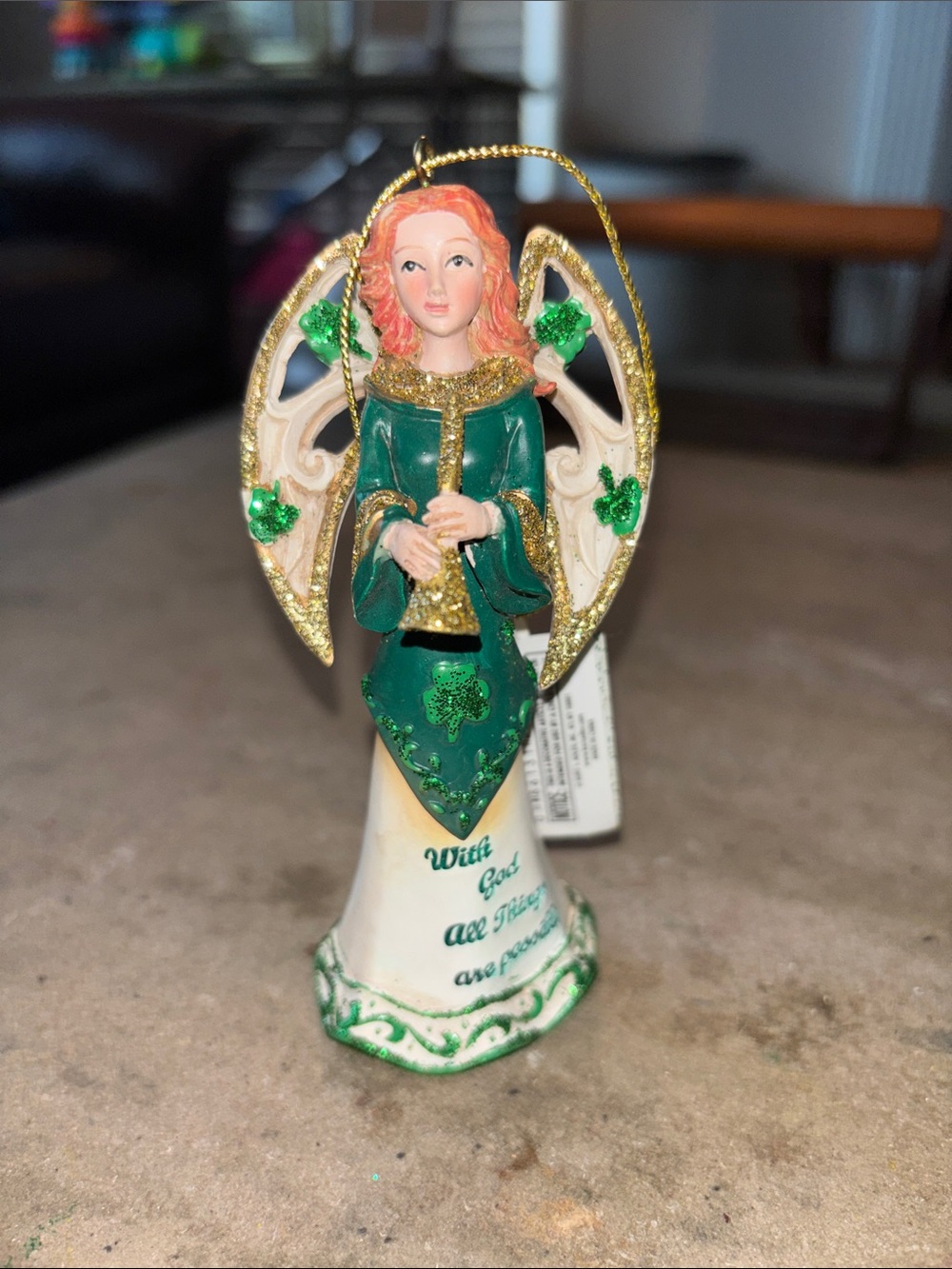 KURT ADLER 4.5" RESIN IRISH ANGEL ORNAMENT "WITH GOD ALL THINGS ARE POSSIBLE"
